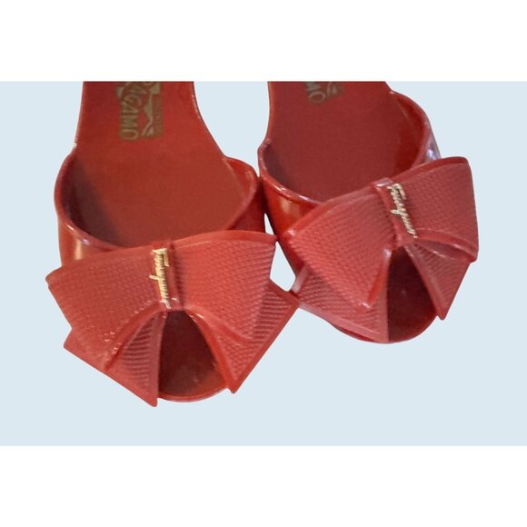 SALVATORE FERRAGAMO Vara Jelly PVC Red Ballet Bow Detail Flats Sz 7 - Picture 4 of 8